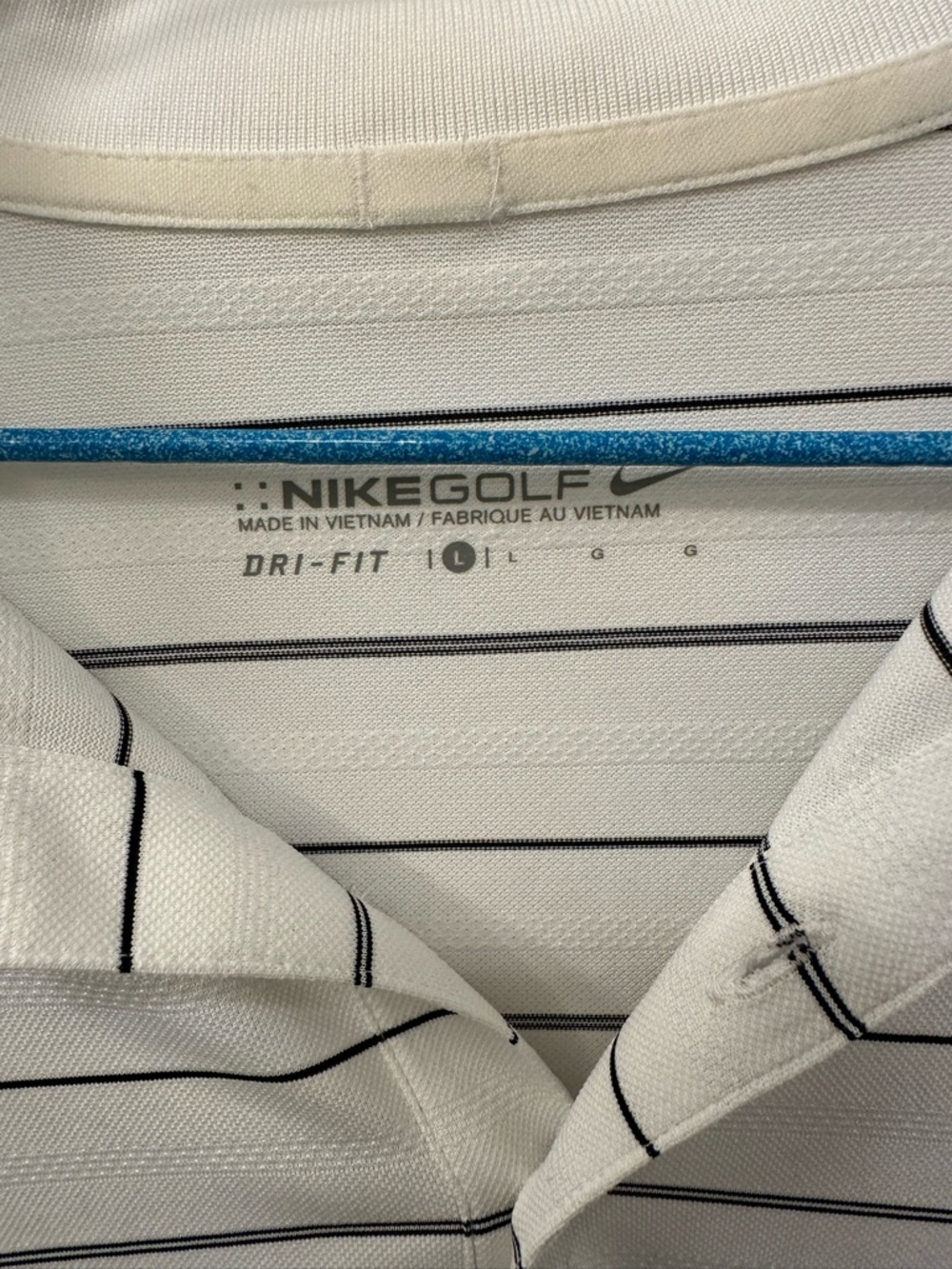 Nike Men’s Golf White Polo with Navy Thin Stripes - Picture 2 of 5